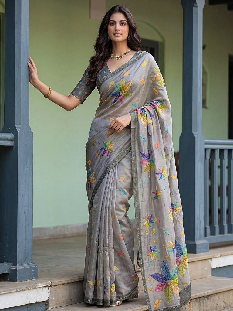 Regal Grey Printed Silk Marriage Wear Saree With Blouse