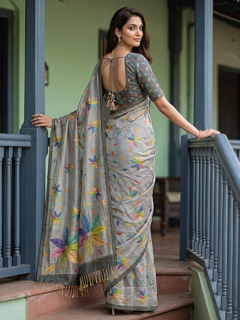 Regal Grey Printed Silk Marriage Wear Saree With Blouse