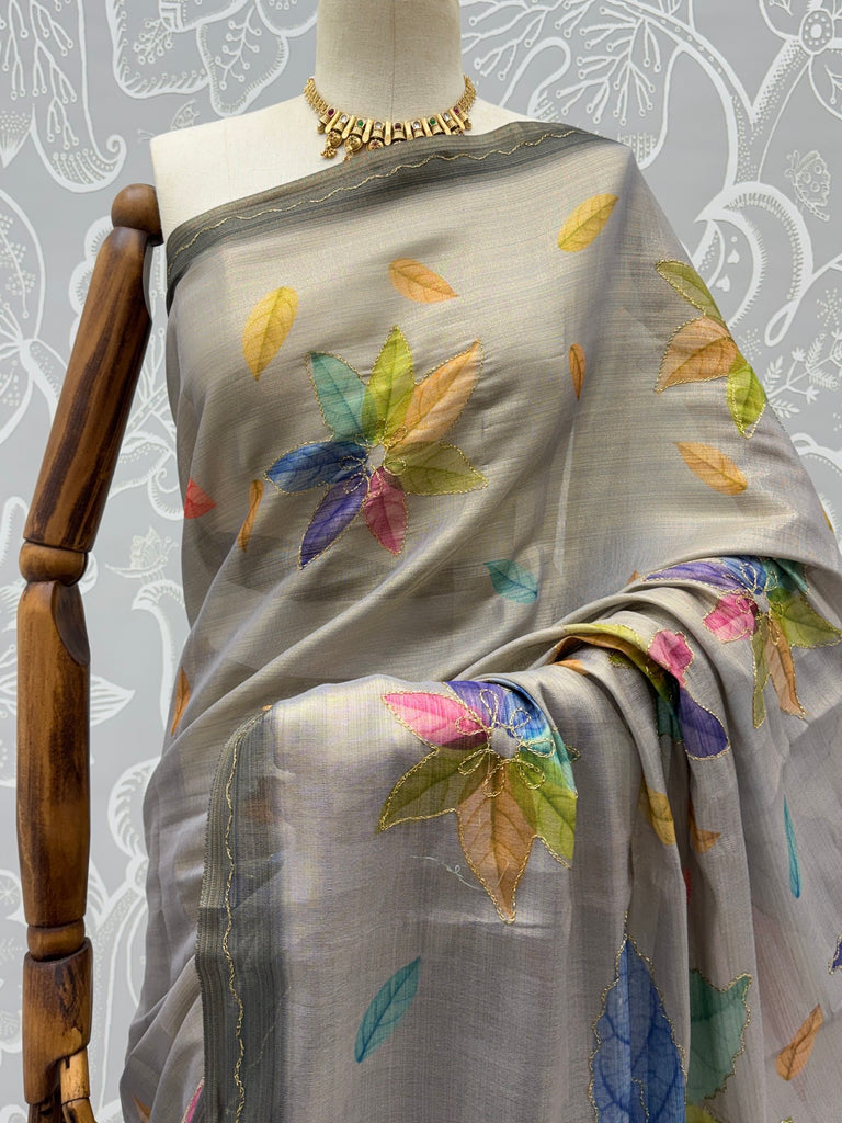 Regal Grey Printed Silk Marriage Wear Saree With Blouse