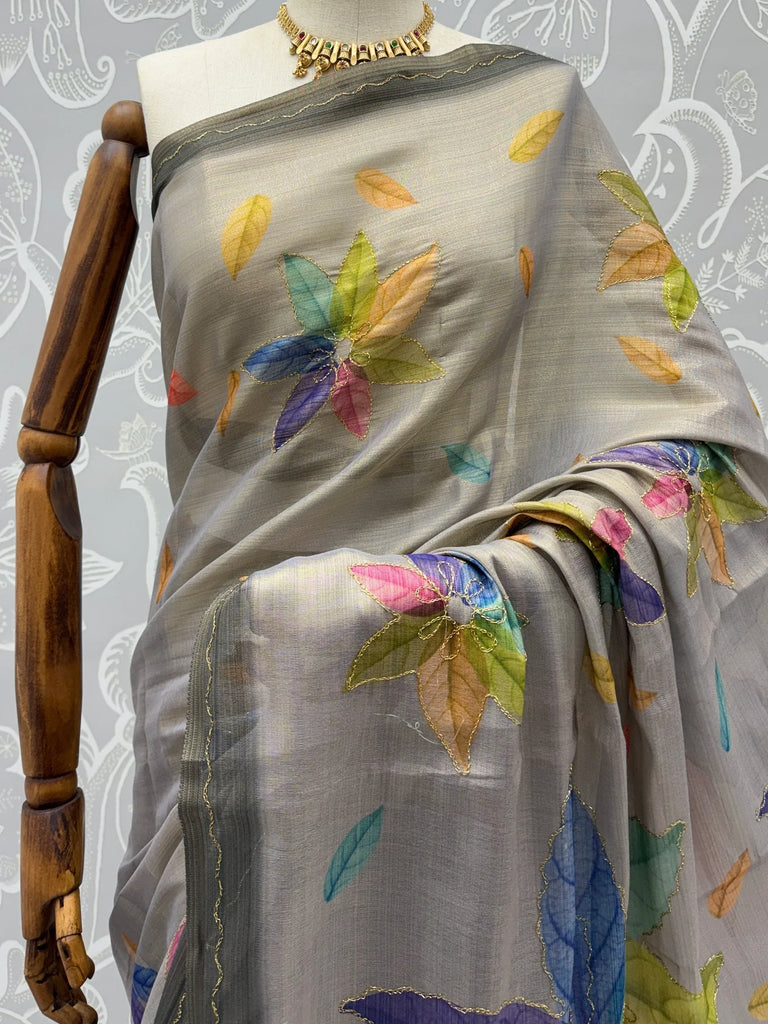 Regal Grey Printed Silk Marriage Wear Saree With Blouse