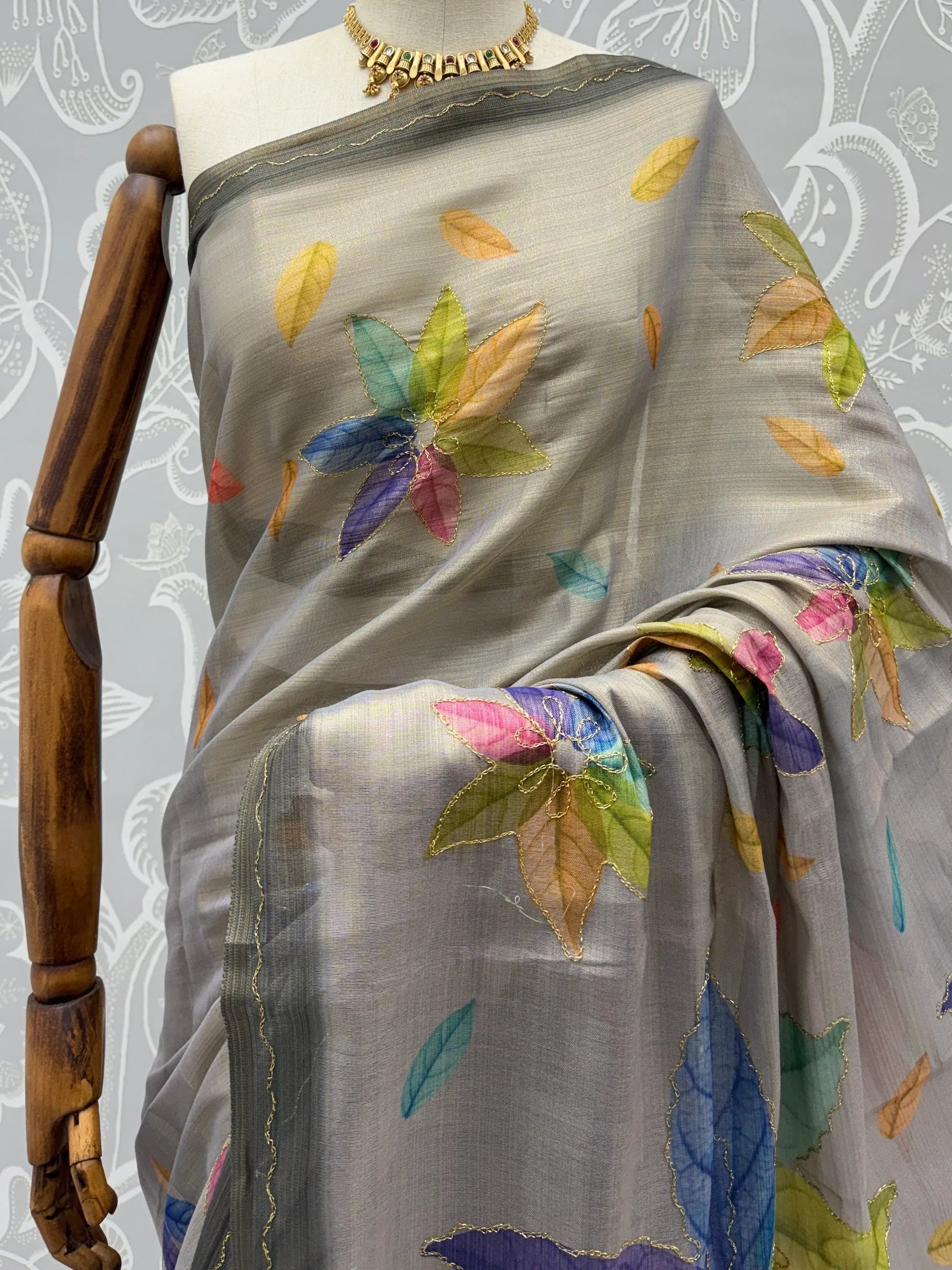 Regal Grey Printed Silk Marriage Wear Saree With Blouse