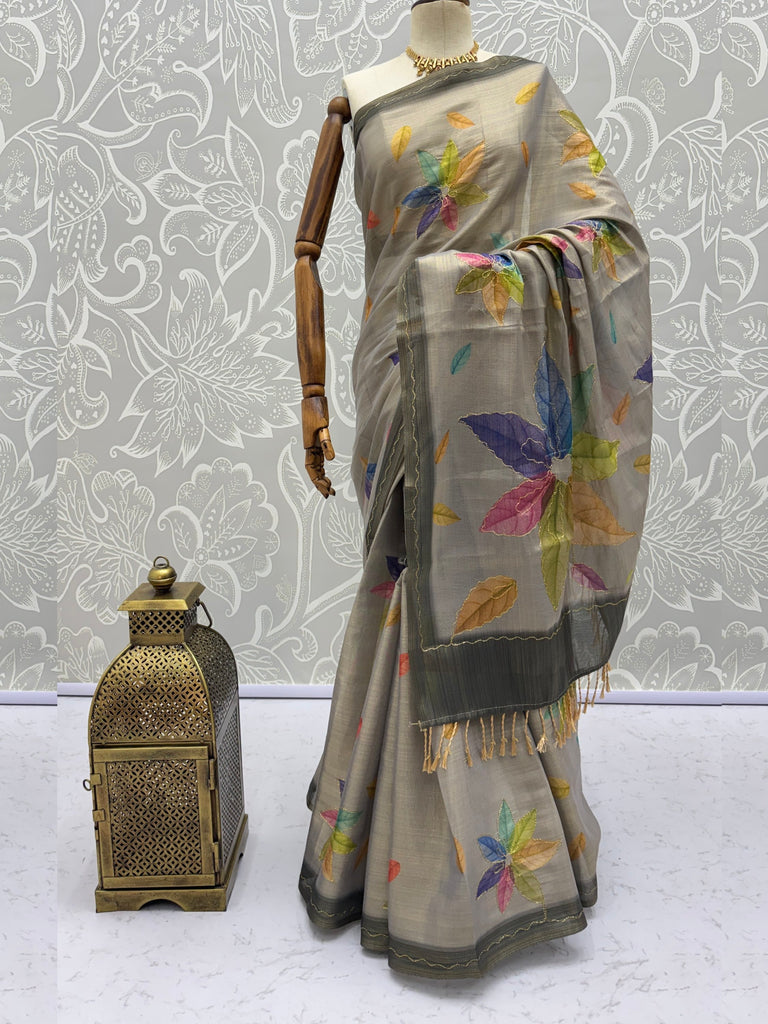 Regal Grey Printed Silk Marriage Wear Saree With Blouse