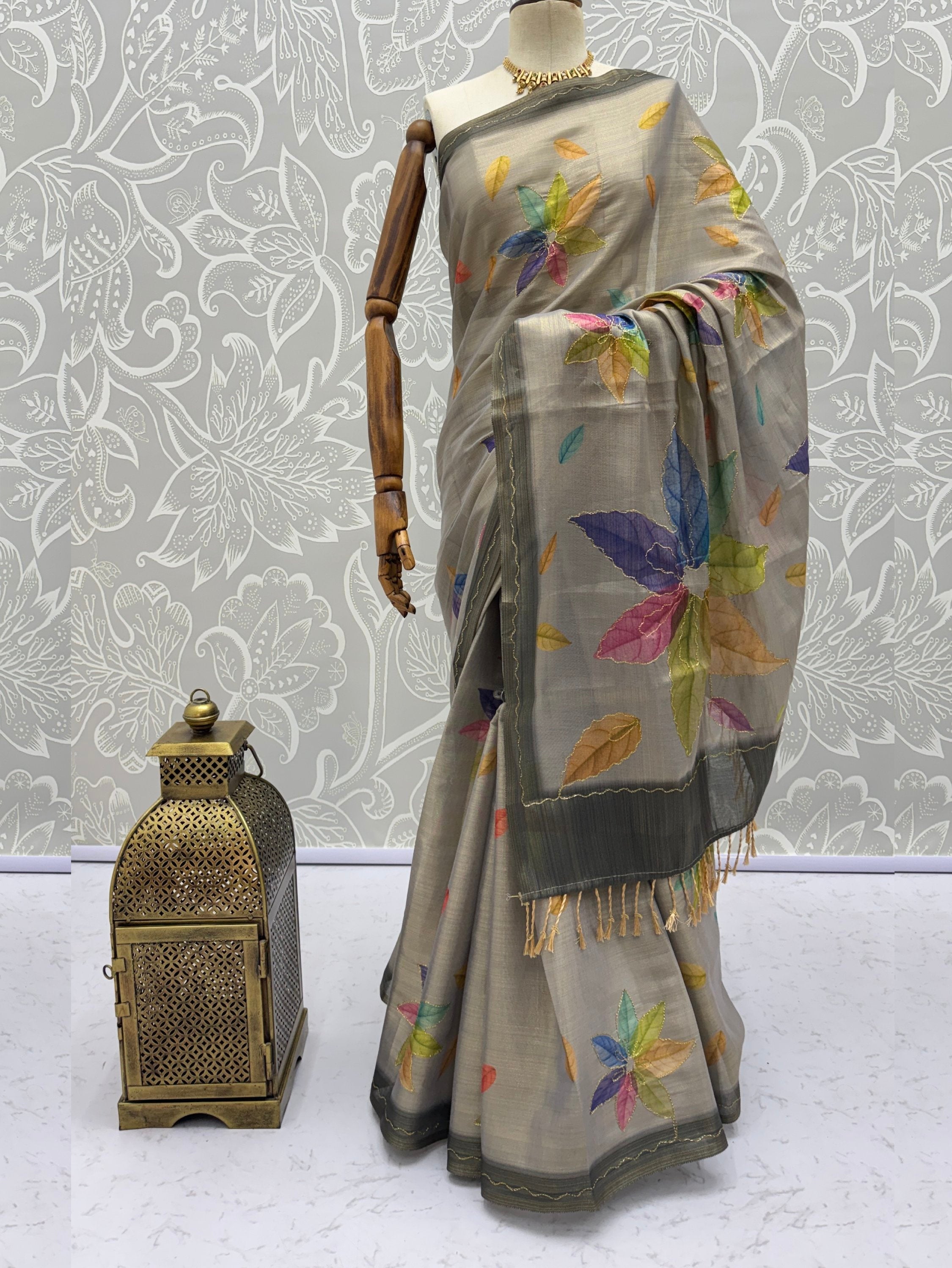 Regal Grey Printed Silk Marriage Wear Saree With Blouse