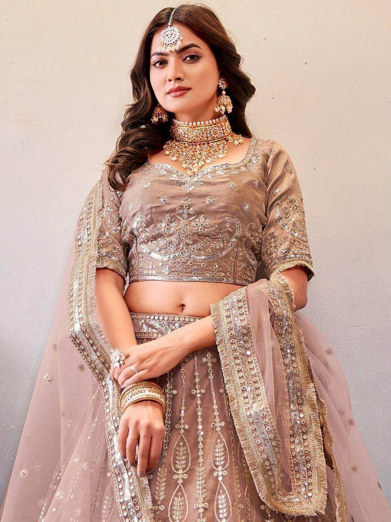 Elegant Dusty Pink Sequines Embroidery Net Party Lehenga Choli