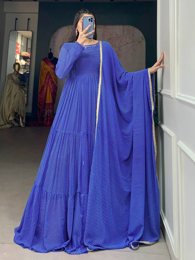 Fabulous Blue Printed Georgette Festival Wear Gown With Dupatta