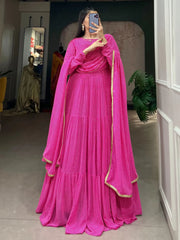 Awesome Pink Printed Georgette Event Wear Gown With Dupatta