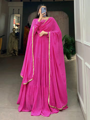 Awesome Pink Printed Georgette Event Wear Gown With Dupatta