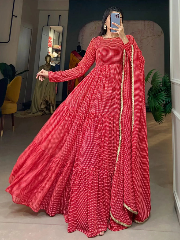 Attractive Red Printed Georgette Traditional Gown With Dupatta