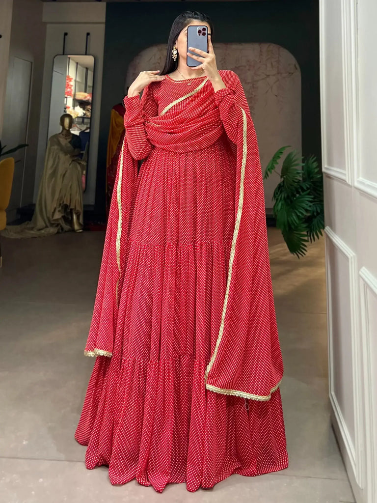Attractive Red Printed Georgette Traditional Gown With Dupatta