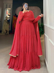 Attractive Red Printed Georgette Traditional Gown With Dupatta