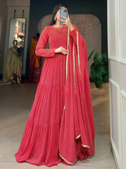 Attractive Red Printed Georgette Traditional Gown With Dupatta
