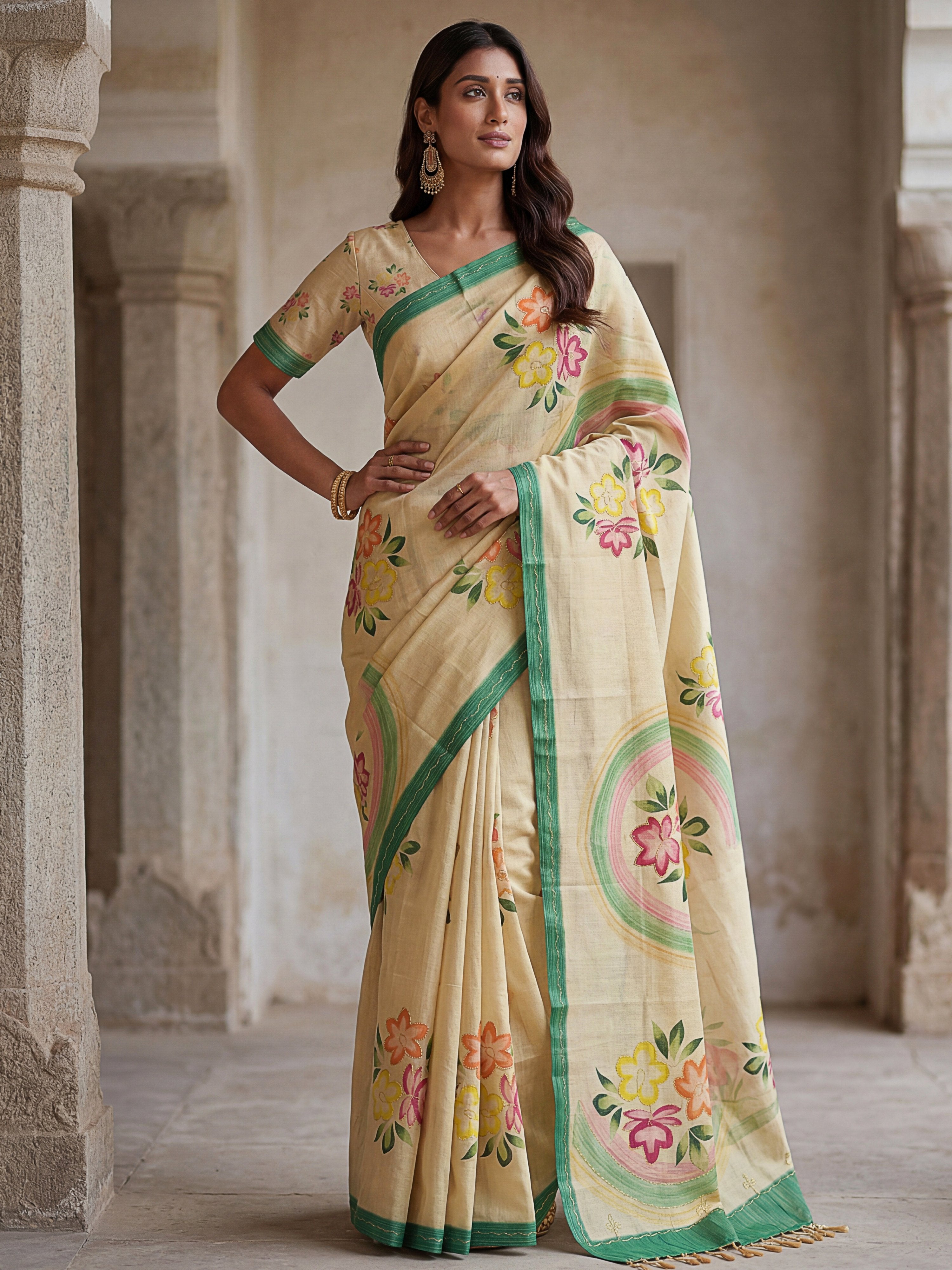 Splendid Cream Floral Printed Silk Function Wear Saree With Blouse