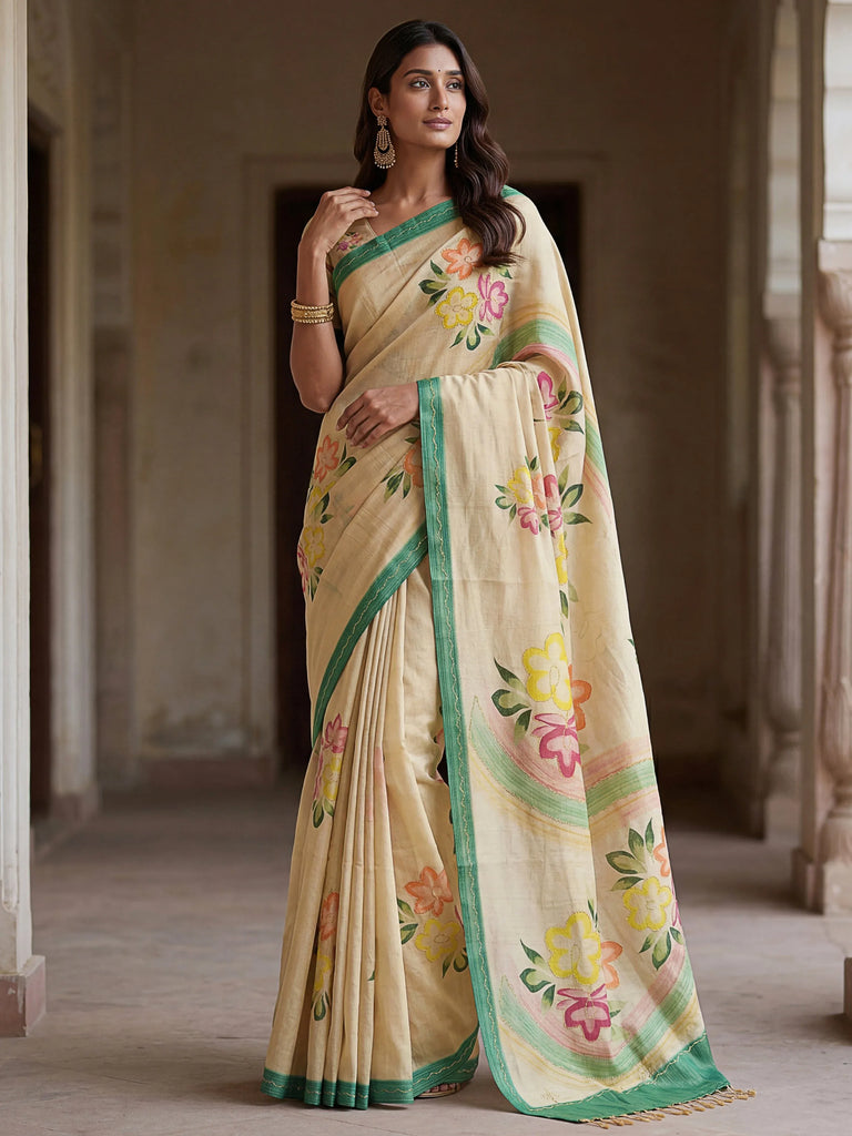 Splendid Cream Floral Printed Silk Function Wear Saree With Blouse