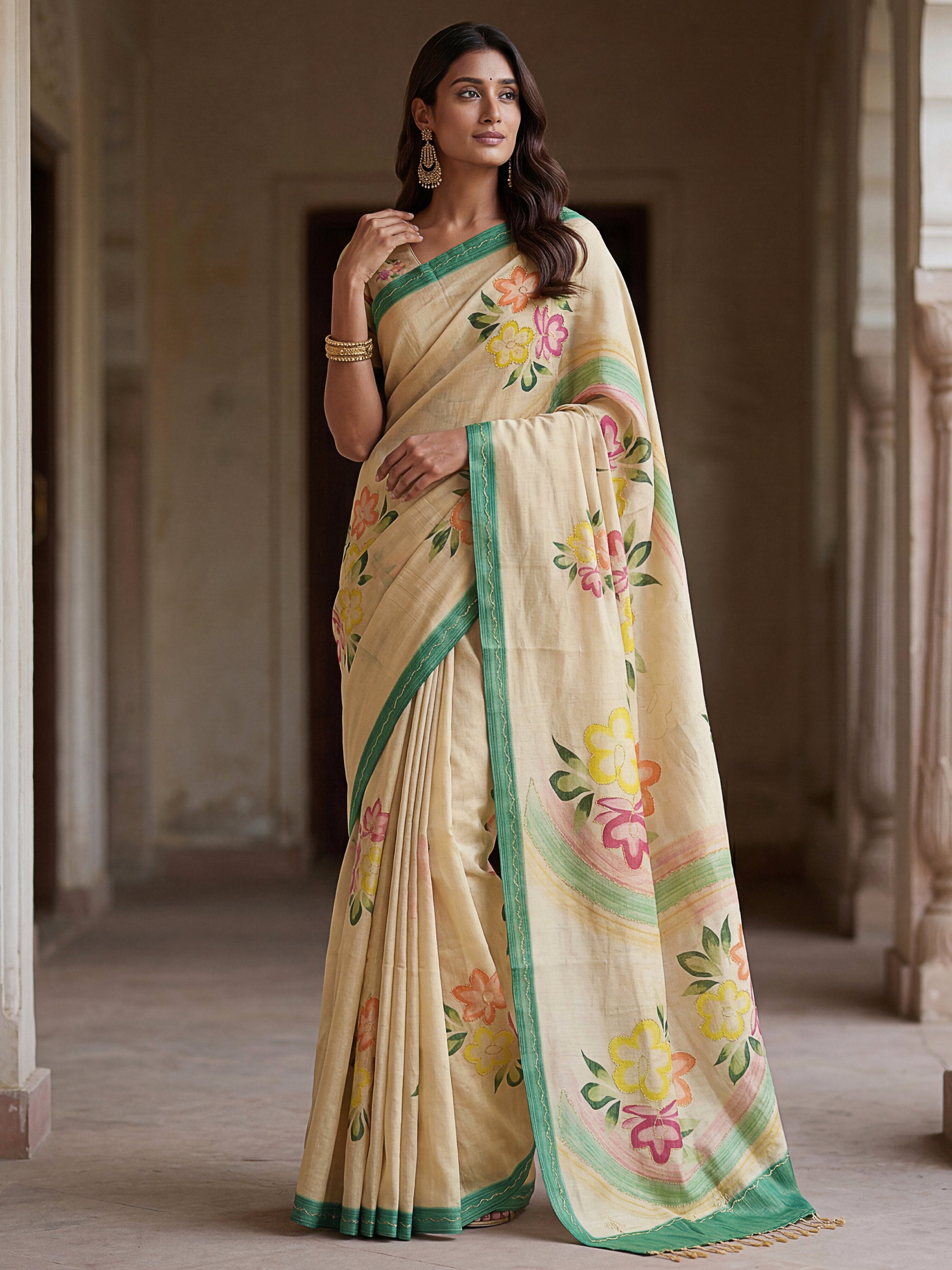 Splendid Cream Floral Printed Silk Function Wear Saree With Blouse