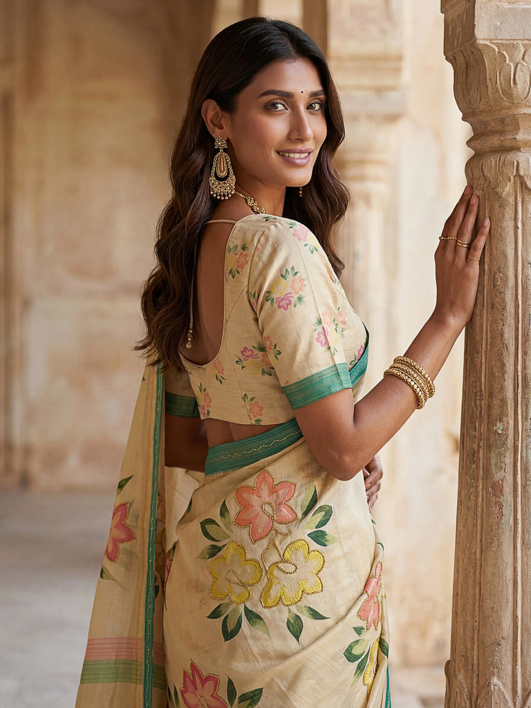 Splendid Cream Floral Printed Silk Function Wear Saree With Blouse
