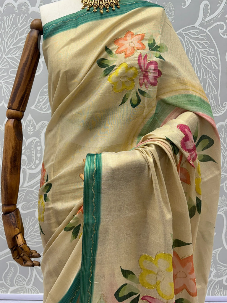 Splendid Cream Floral Printed Silk Function Wear Saree With Blouse