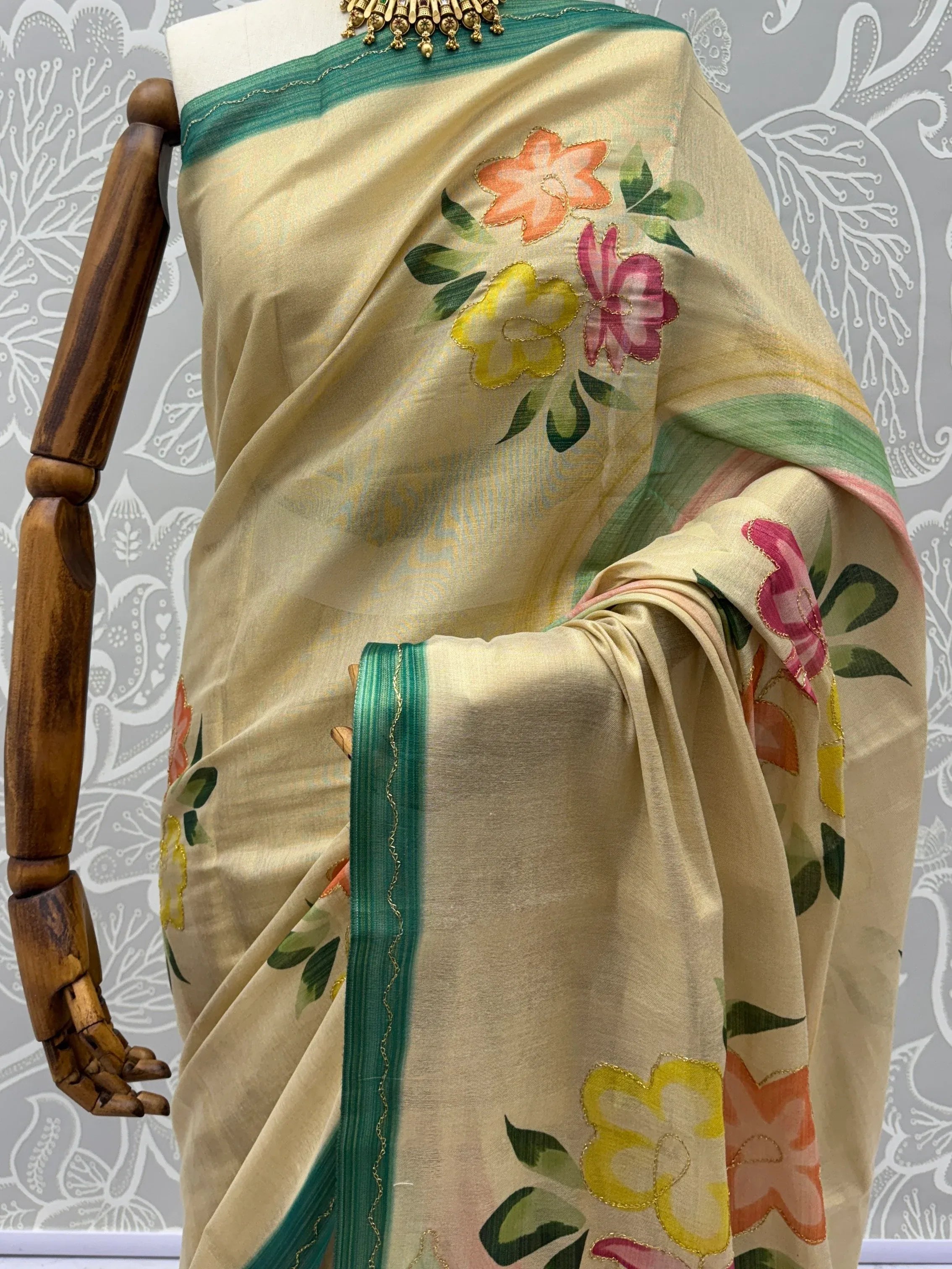 Splendid Cream Floral Printed Silk Function Wear Saree With Blouse