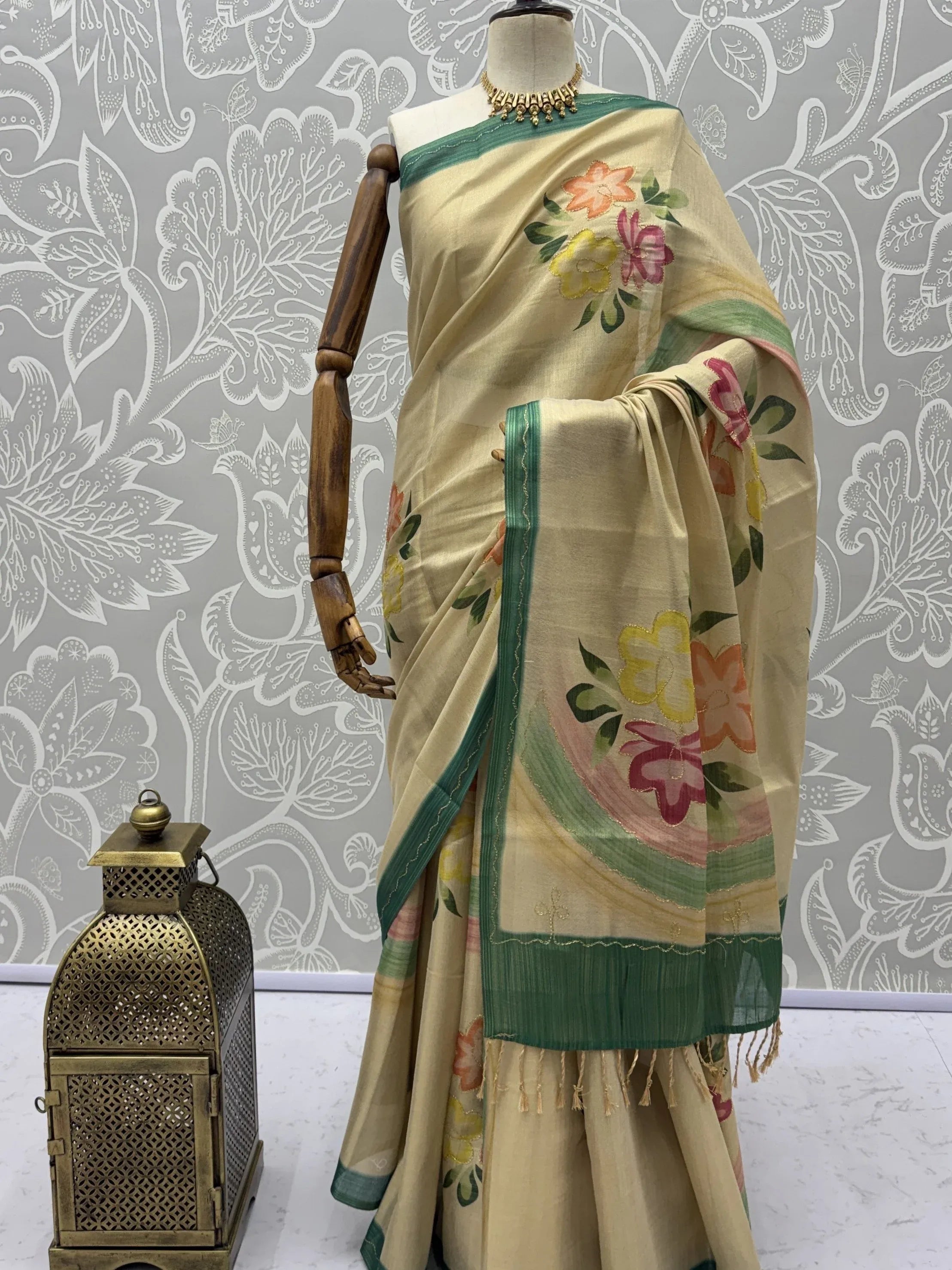 Splendid Cream Floral Printed Silk Function Wear Saree With Blouse