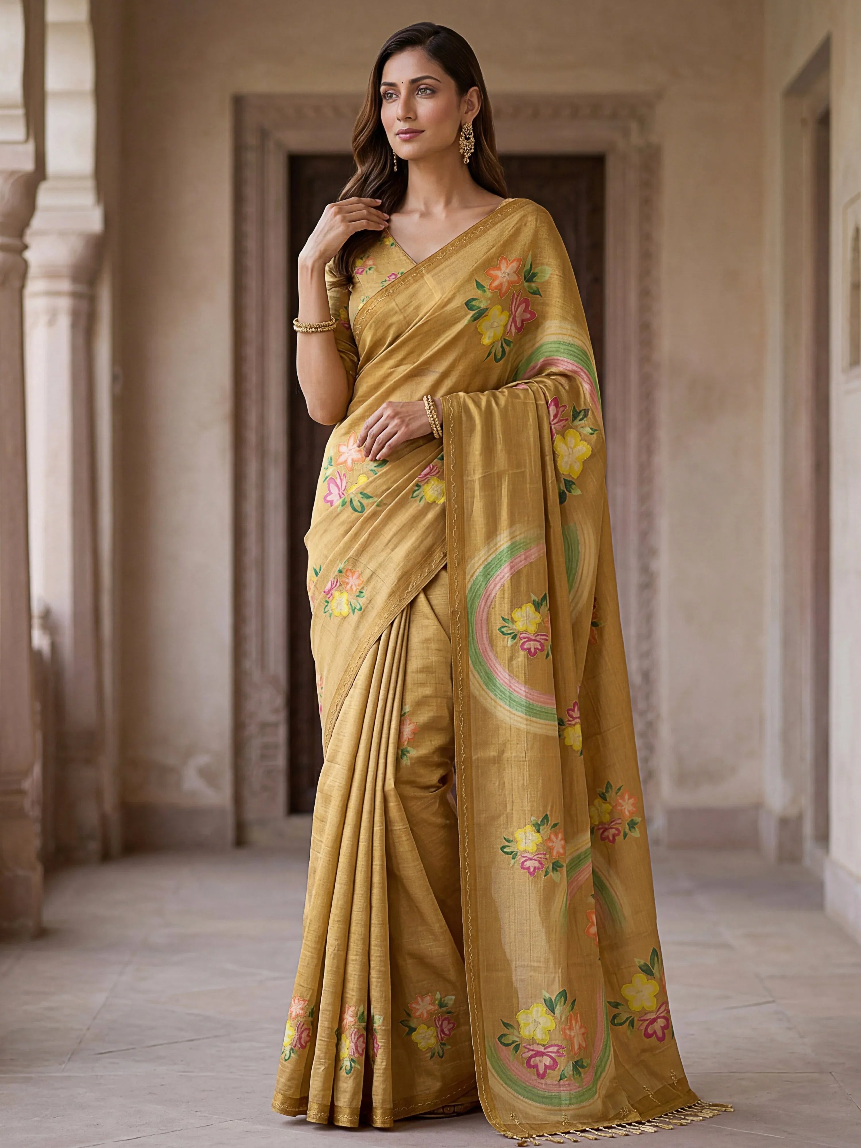 Magnetic Golden Dori Embroidery Silk Wedding Wear Saree With Blouse
