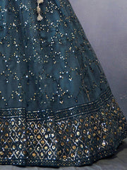 Mesmerizing Dark Blue Grey Sequines Embroidery Net Party Lehenga Choli
