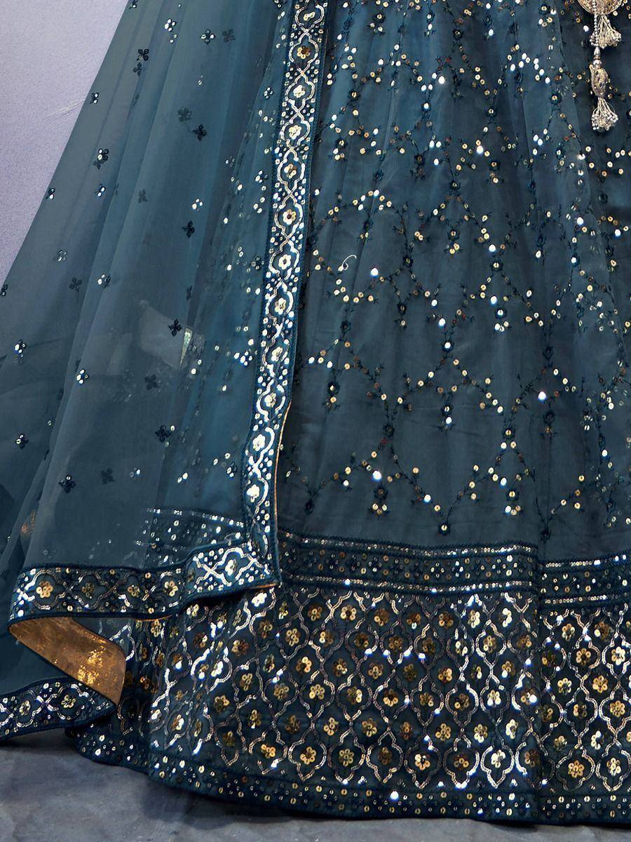 Teal designer lehenga choli with gold sequin embroidery and sheer dupatta, ethnic wear for weddings