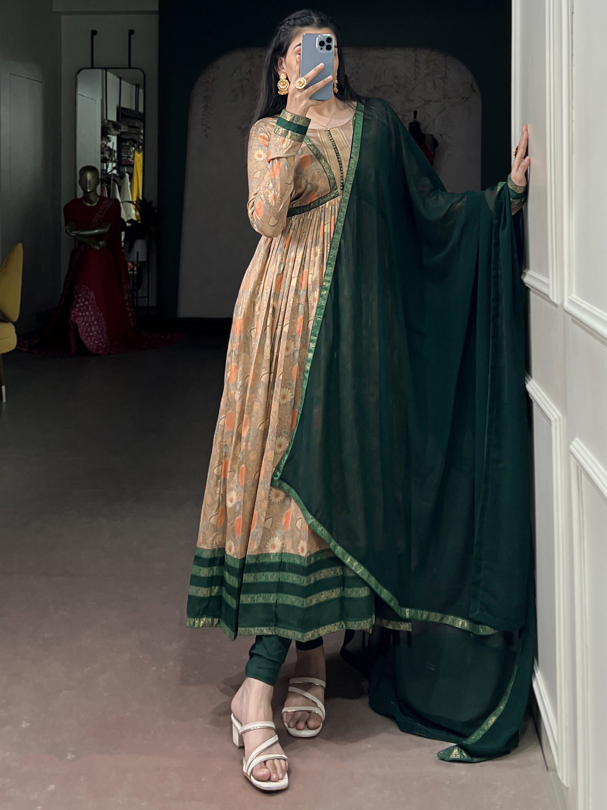 Elegant Bottle Green Floral Printed Silk Mehendi Wear Gown With Dupatta