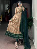 Elegant Bottle Green Floral Printed Silk Mehendi Wear Gown With Dupatta