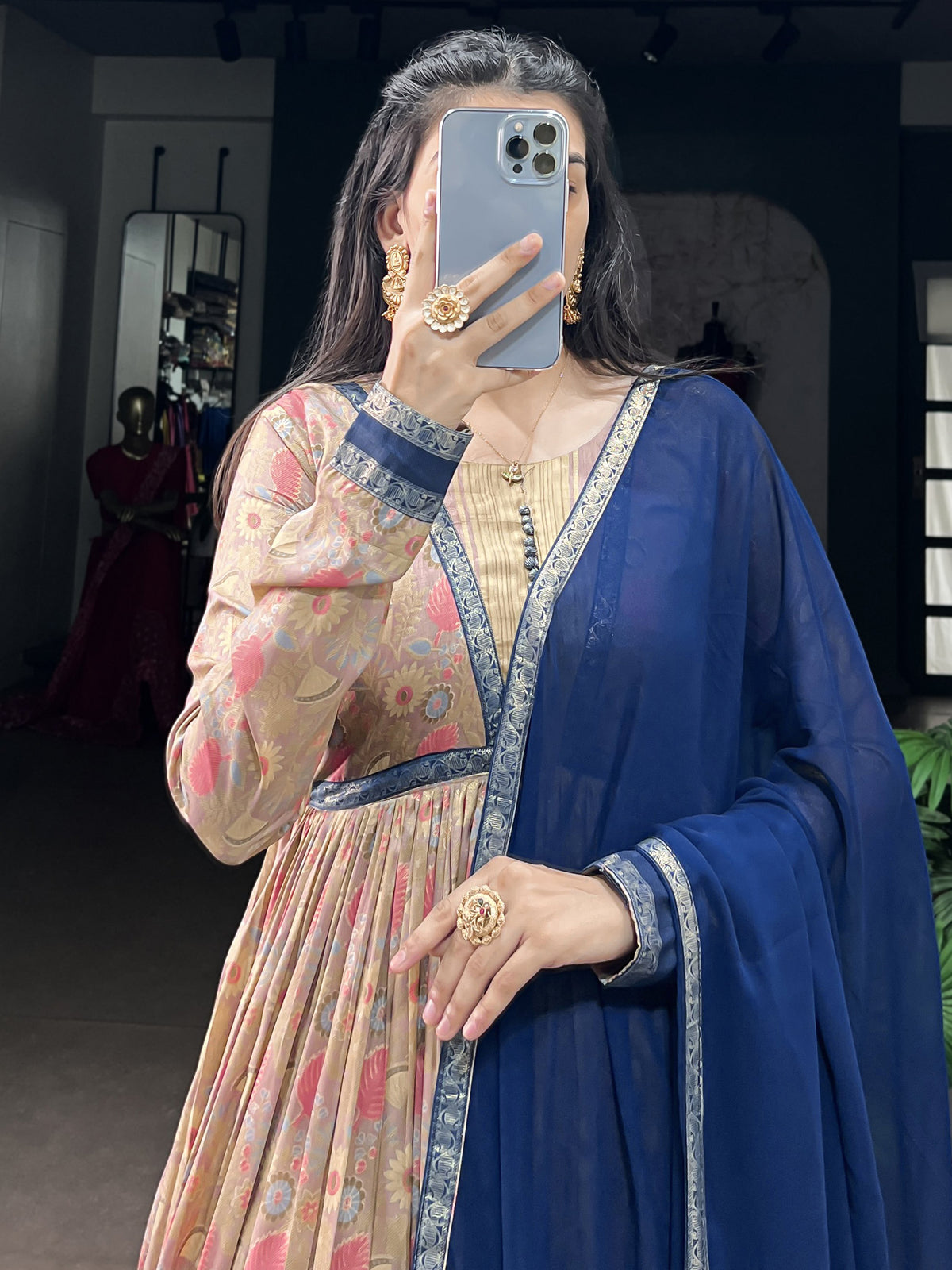 Gorgeous Navy Blue Floral Printed Silk Casual Wear Gown With Dupatta