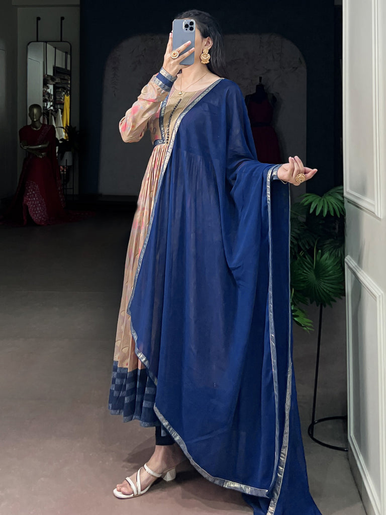 Gorgeous Navy Blue Floral Printed Silk Casual Wear Gown With Dupatta