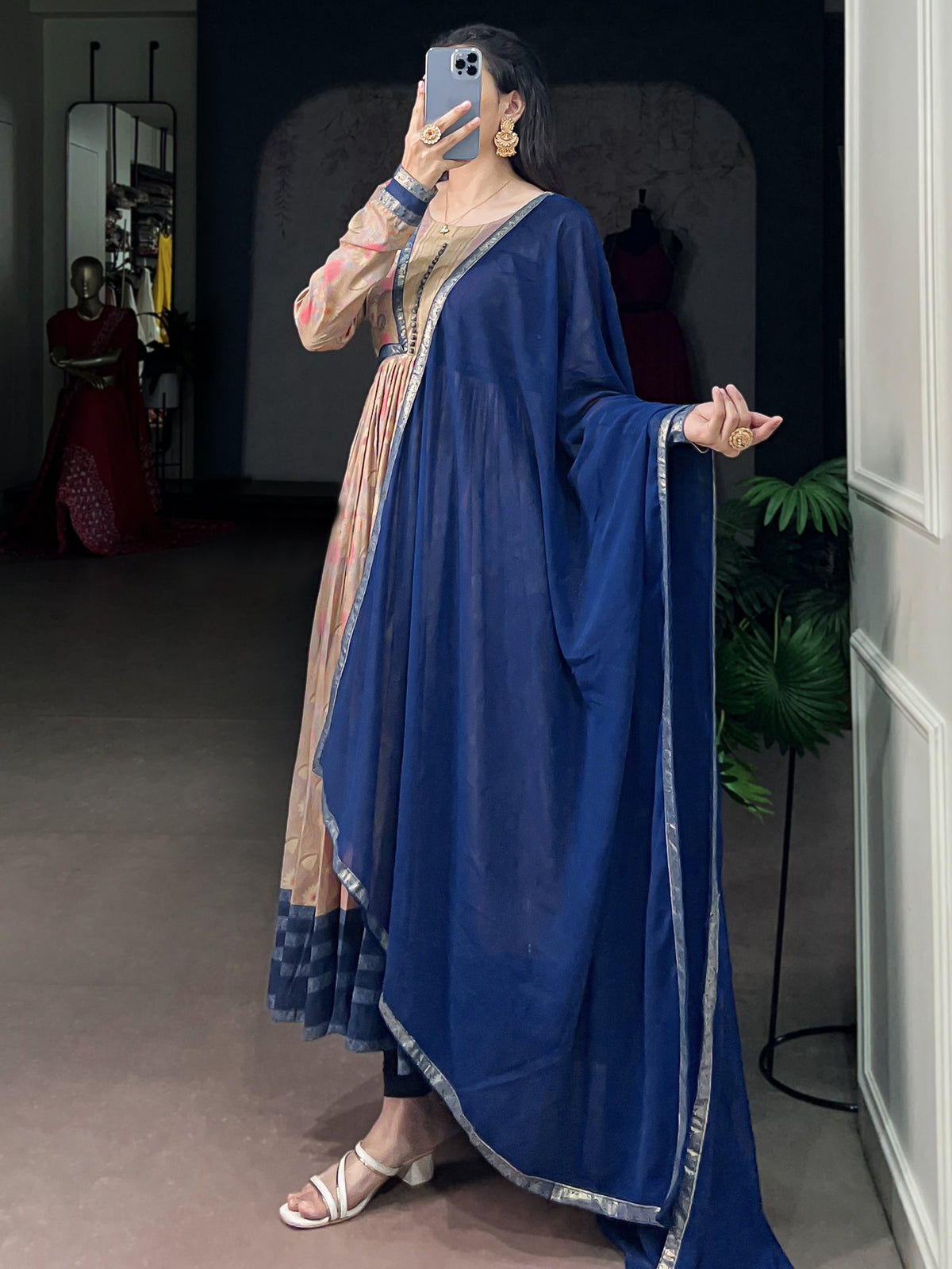 Gorgeous Navy Blue Floral Printed Silk Casual Wear Gown With Dupatta