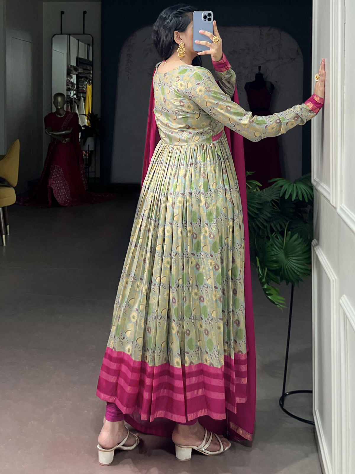 Graceful Pink Floral Printed Silk Daily Wear Gown With Dupatta