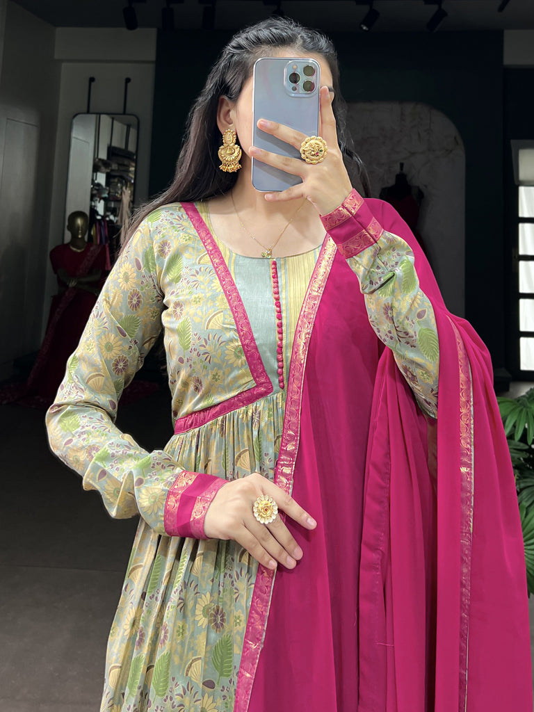 Graceful Pink Floral Printed Silk Daily Wear Gown With Dupatta