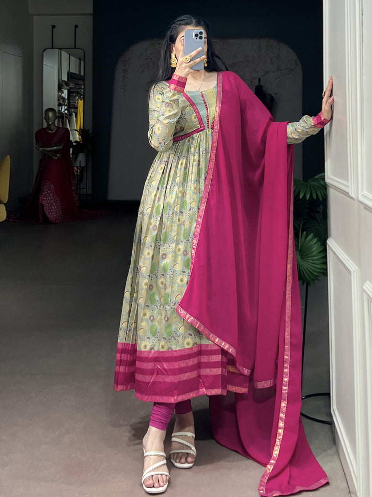 Graceful Pink Floral Printed Silk Daily Wear Gown With Dupatta
