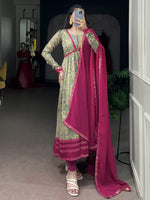 Graceful Pink Floral Printed Silk Daily Wear Gown With Dupatta