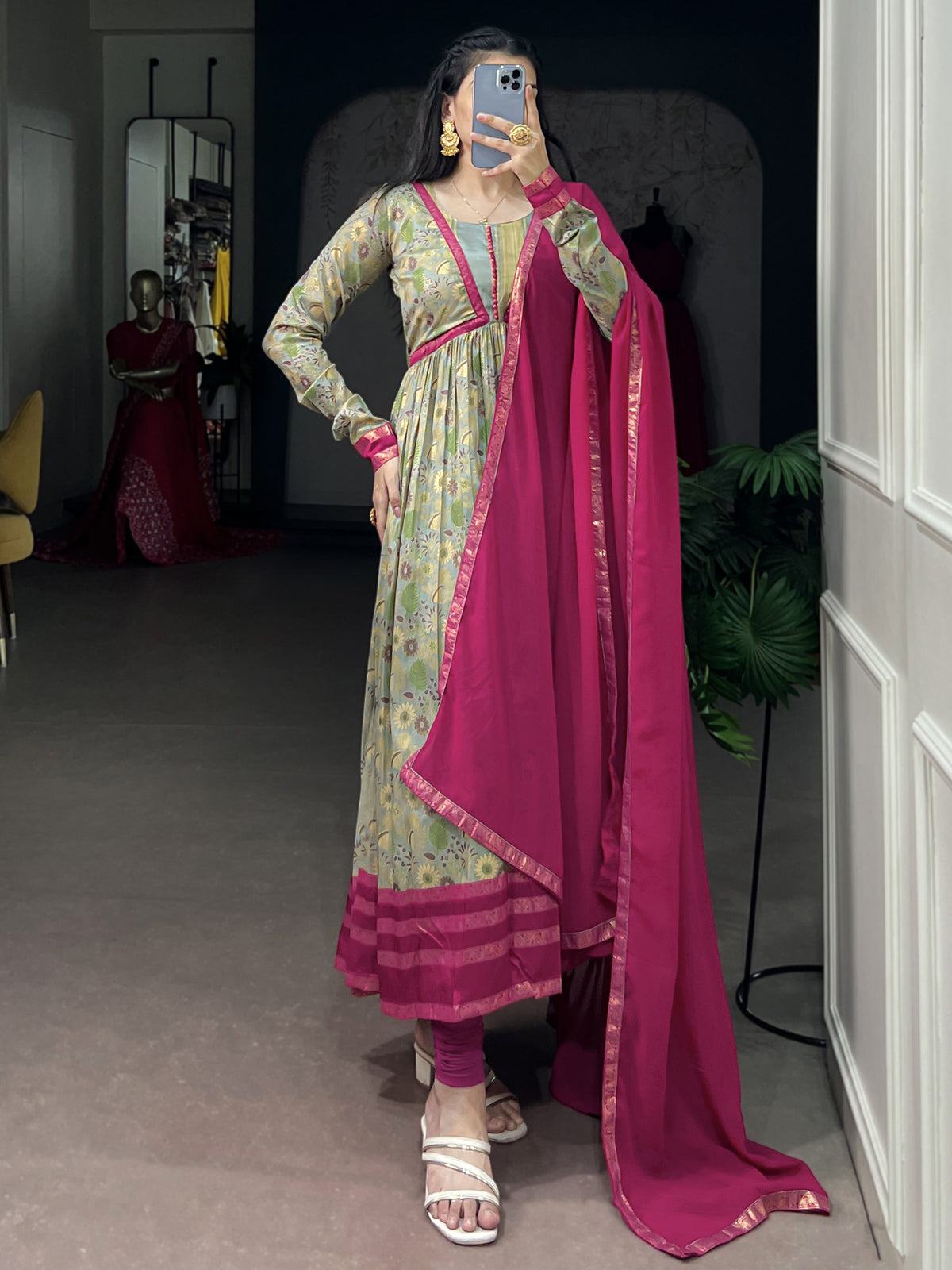 Graceful Pink Floral Printed Silk Daily Wear Gown With Dupatta