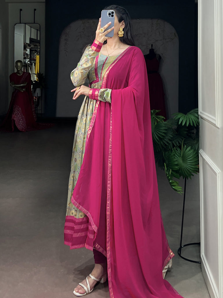 Graceful Pink Floral Printed Silk Daily Wear Gown With Dupatta
