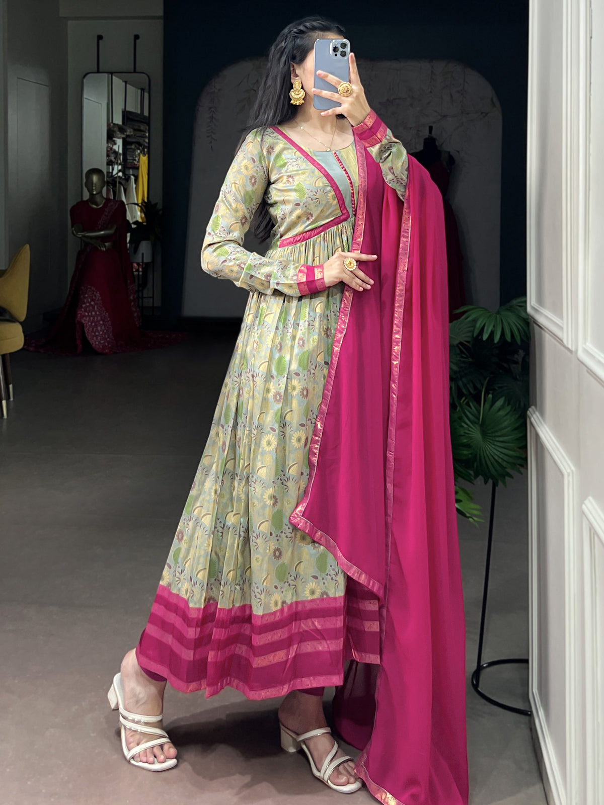 Graceful Pink Floral Printed Silk Daily Wear Gown With Dupatta