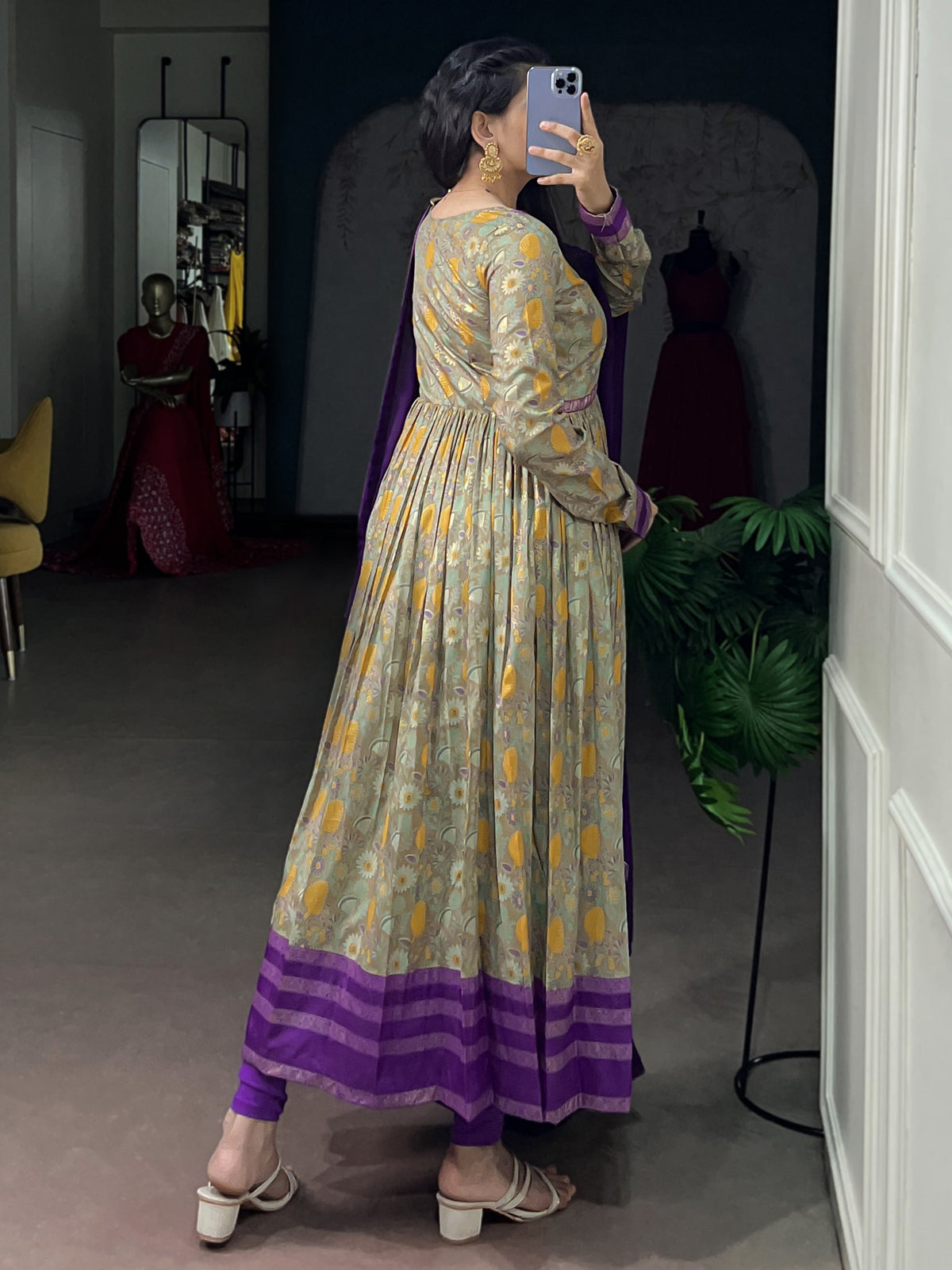 Attractive Purple Floral Printed Silk Festive Wear Gown With Dupatta