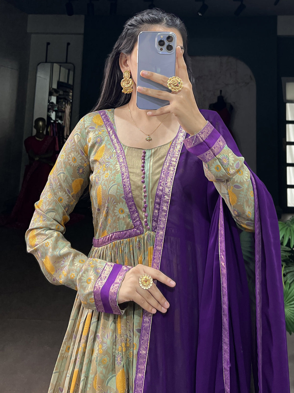 Attractive Purple Floral Printed Silk Festive Wear Gown With Dupatta