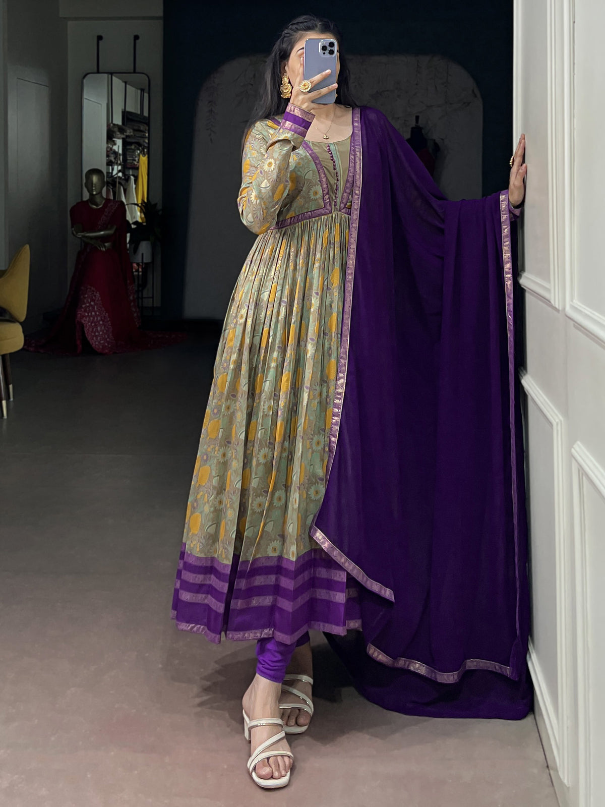 Attractive Purple Floral Printed Silk Festive Wear Gown With Dupatta