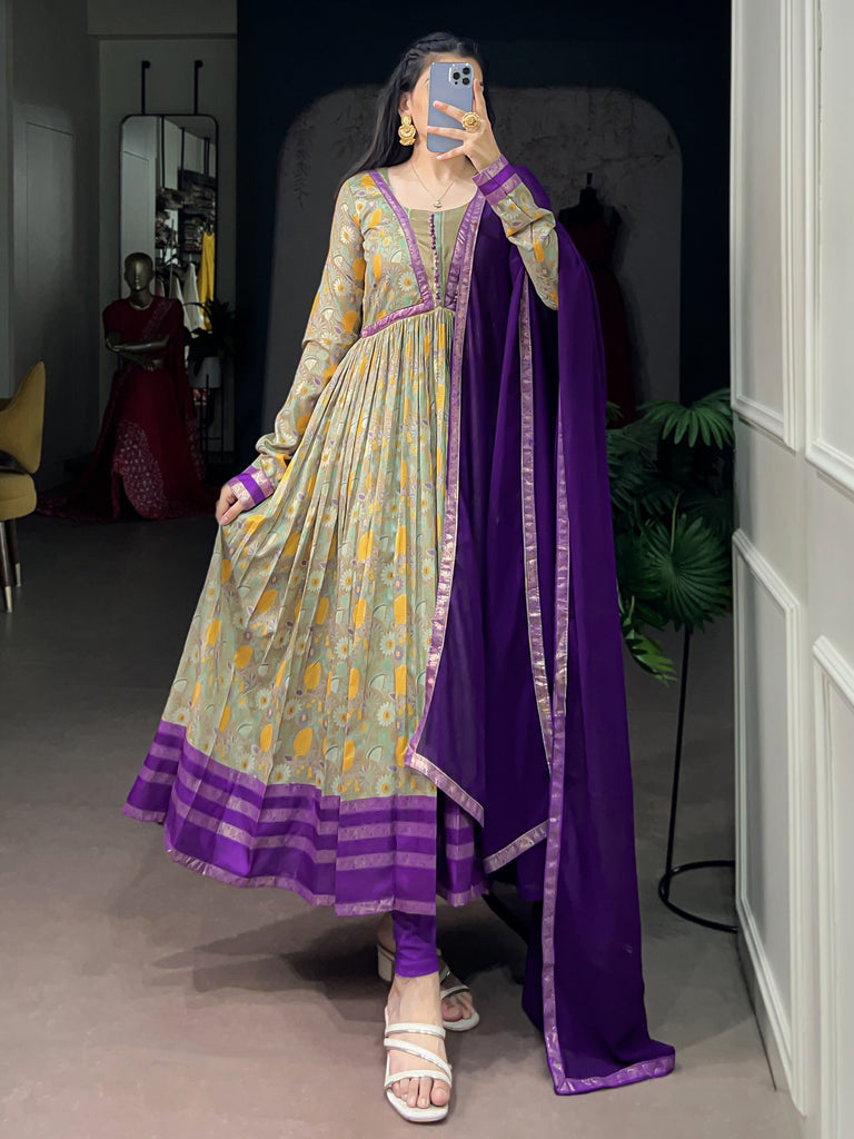 Attractive Purple Floral Printed Silk Festive Wear Gown With Dupatta