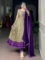 Attractive Purple Floral Printed Silk Festive Wear Gown With Dupatta