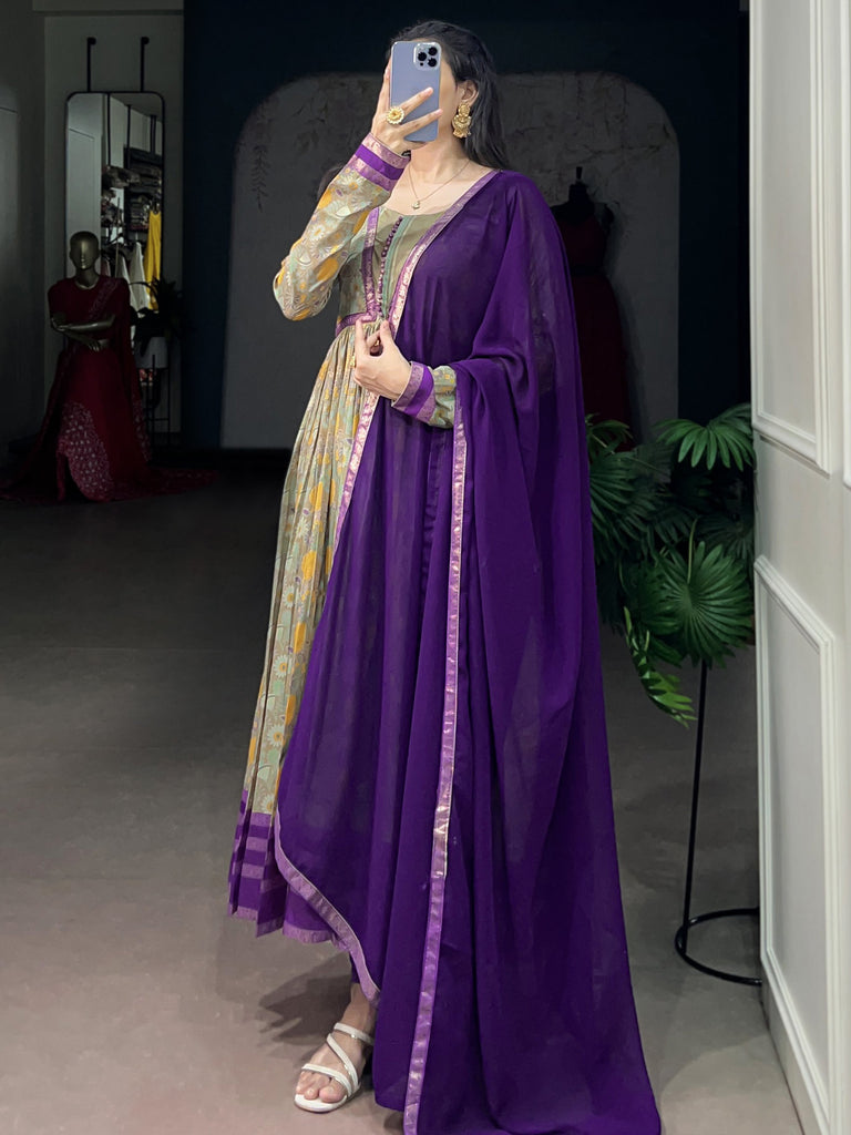 Attractive Purple Floral Printed Silk Festive Wear Gown With Dupatta