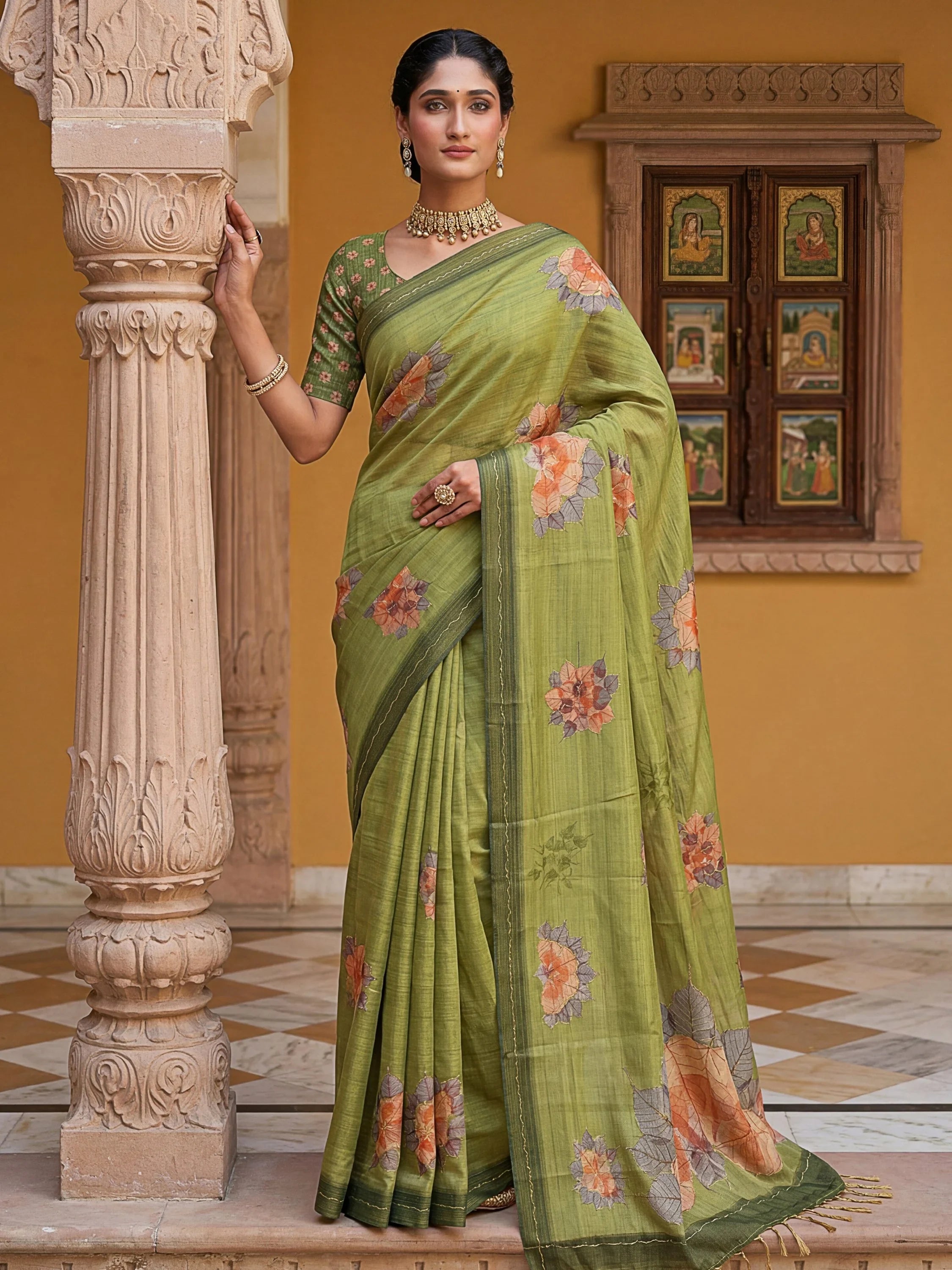 Majestic Green Floral Printed Silk Mehendi Wear Saree With Blouse