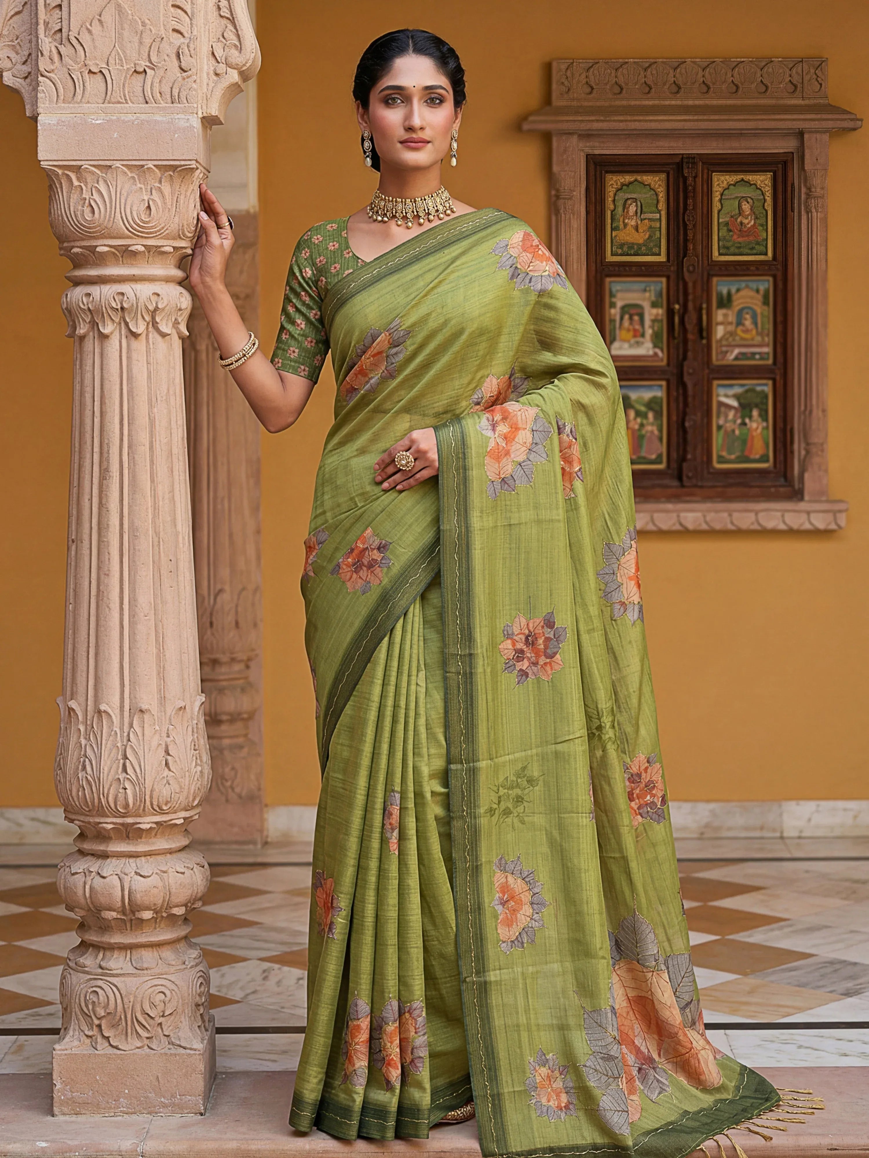 Majestic Green Floral Printed Silk Mehendi Wear Saree With Blouse