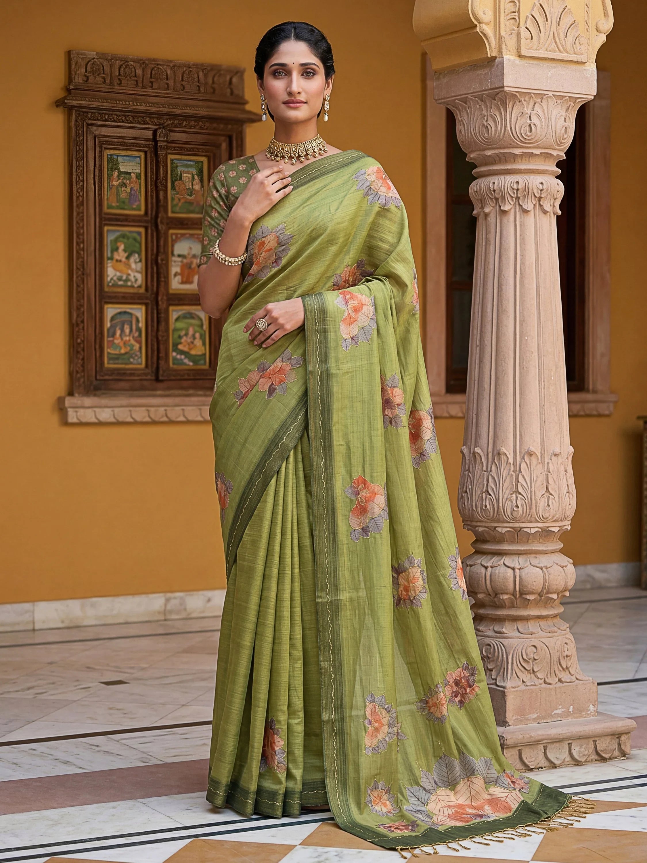 Majestic Green Floral Printed Silk Mehendi Wear Saree With Blouse