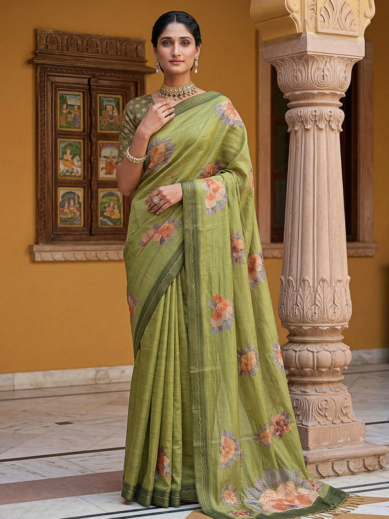 Majestic Green Floral Printed Silk Mehendi Wear Saree With Blouse