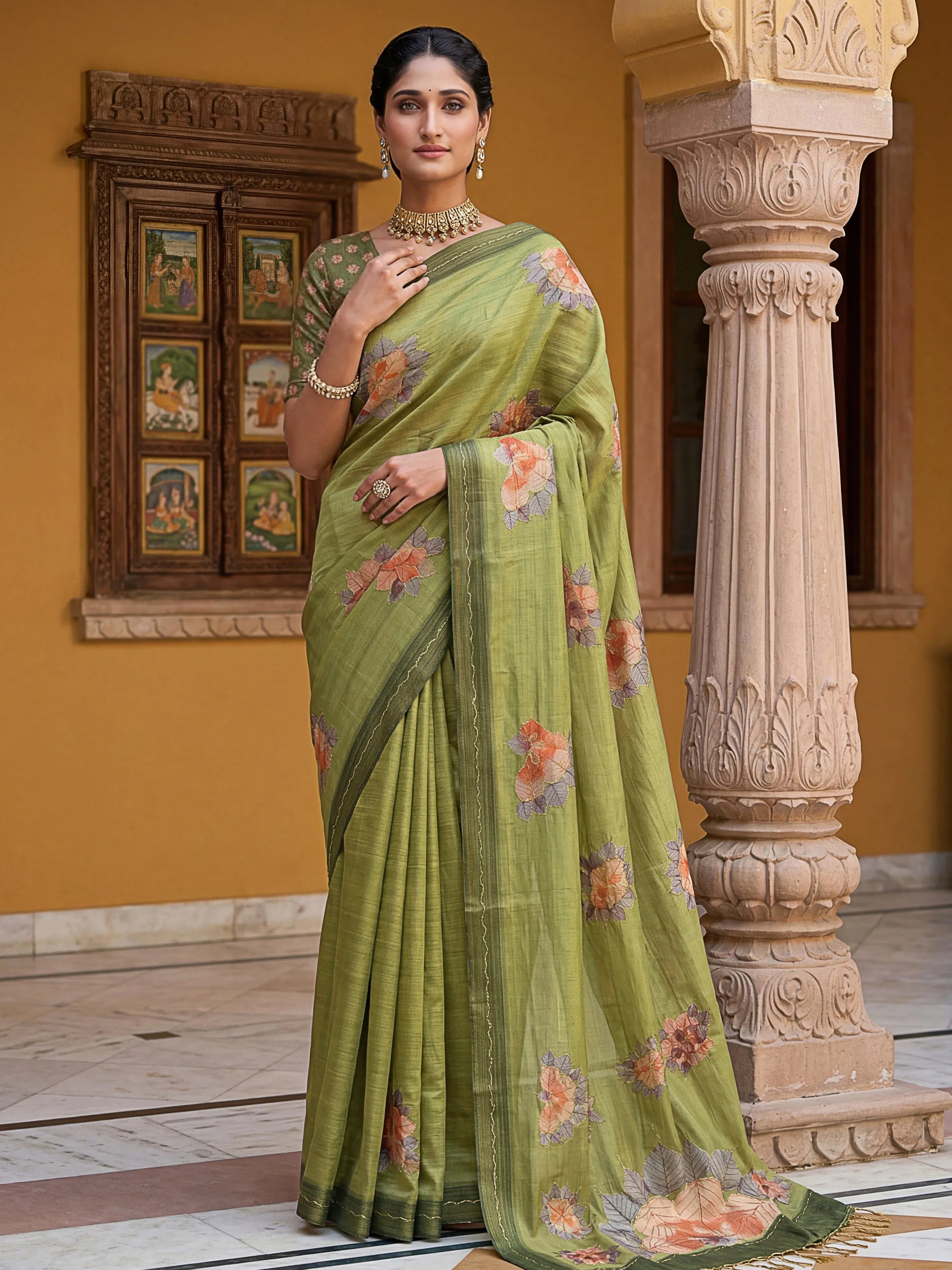 Majestic Green Floral Printed Silk Mehendi Wear Saree With Blouse