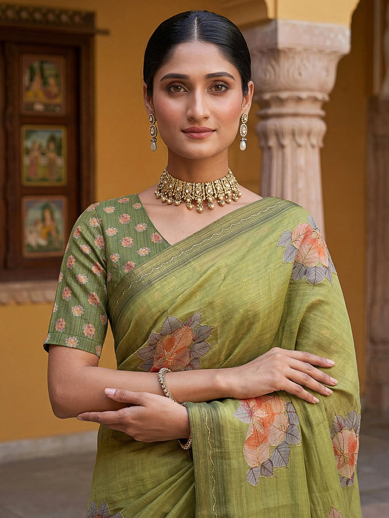 Majestic Green Floral Printed Silk Mehendi Wear Saree With Blouse