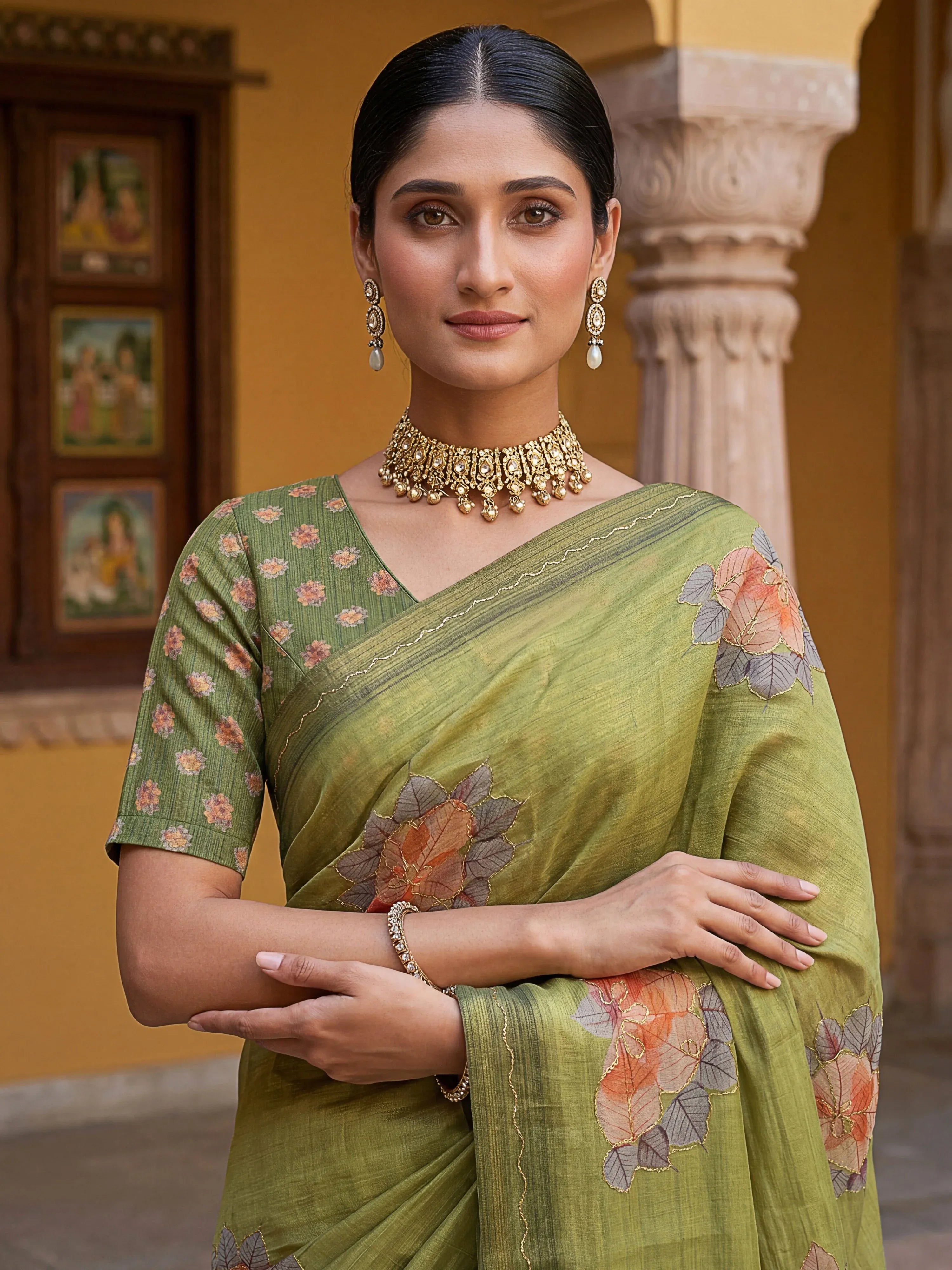 Majestic Green Floral Printed Silk Mehendi Wear Saree With Blouse